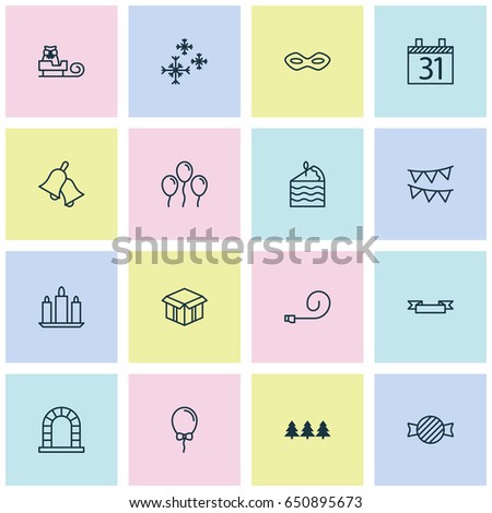 Happy New Year Icons Set. Collection Of Placard And Other Elements. Also Includes Symbols Such As Bunting, Carnival, Box.