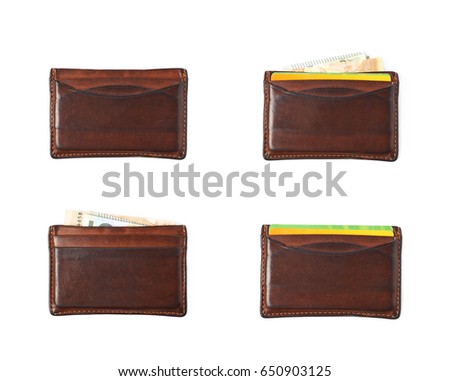 Leather card holder wallet isolated over the white background, set of four different foreshortenings