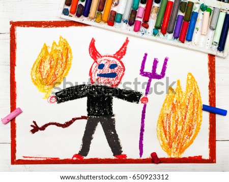 Colorful drawing: scary devil with pitchfork