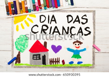 Colorful drawing: Children's day card with Portuguese words Children's day