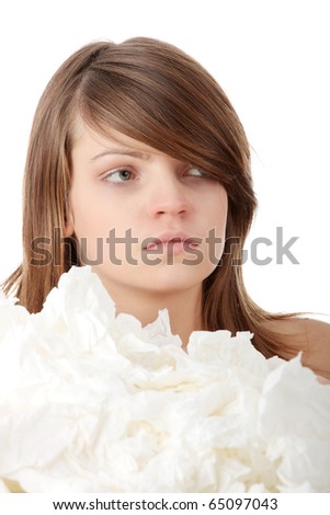 Woman holding tissue isolated on white background