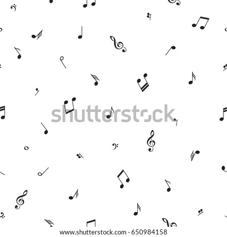 Music background with notes and symbols, black and white, seamless pattern