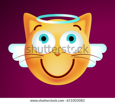 Cute Angel Emoticon Cat on Dark Background. Isolated Vector Illustration 