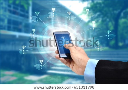 Internet concept of smart phone searching to connect to wifi wireless network