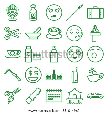 Clipart icons set. set of 25 clipart outline icons such as airport desk, bowl, barber scissors, saw, blowtorch, spray paint, milk, calendar, cup with heart, car, cream tube