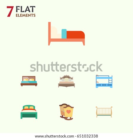 Flat Bed Set Of Bedroom, Crib, Cot And Other Vector Objects. Also Includes Bunk, Furniture, Bedroom Elements.