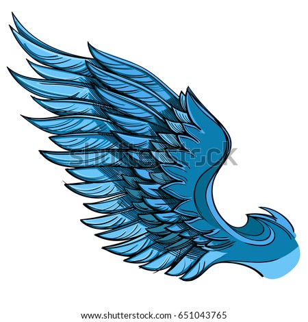 Vector illustration of blue wing, isolated on white background. Design element for emblem, sign and more.