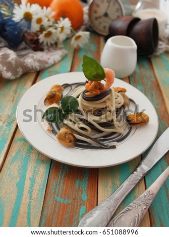 Colorful spaghetti pasta with seafood