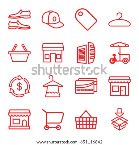 Store icons set. set of 16 store outline icons such as hanger, money, man shoe, baseball cap, business center, fast food cart, box, card, store, shopping basket, tag