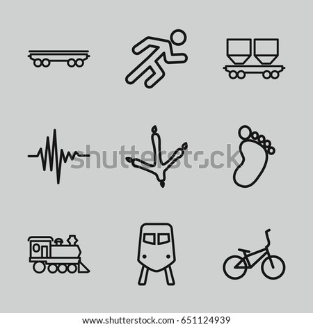 Track icons set. set of 9 track outline icons such as train, footprint of  icobird, foot print, cargo wagon, locomotive, running, music equalizer