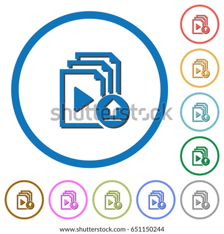 Upload playlist flat color vector icons with shadows in round outlines on white background