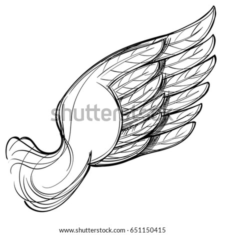 Vector illustration of wing, isolated on white background. Design element for tattoo, emblem, sign, vintage style posters and more.