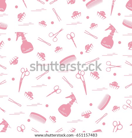Cute pattern of scissors, combs, hairclip, hairpins and sprayer. For the provision of hairdressing services. Design element for banner, poster or print.
