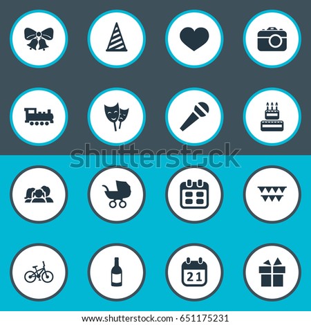 Vector Illustration Set Of Simple Birthday Icons. Elements Cap, Beverage, Special Day And Other Synonyms Speech, Carriage And Family.