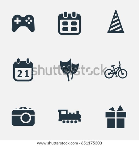 Vector Illustration Set Of Simple Celebration Icons. Elements Camera, Mask, Bicycle And Other Synonyms Day, Joystick And Theater.