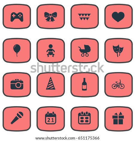 Vector Illustration Set Of Simple Holiday Icons. Elements Ribbon, Aerostat, Camera And Other Synonyms Day, Fizz And History.