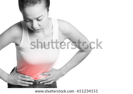 young women holding her belly in pain. isolated on white background. monochrome photo with red as a symbol for the hardening.