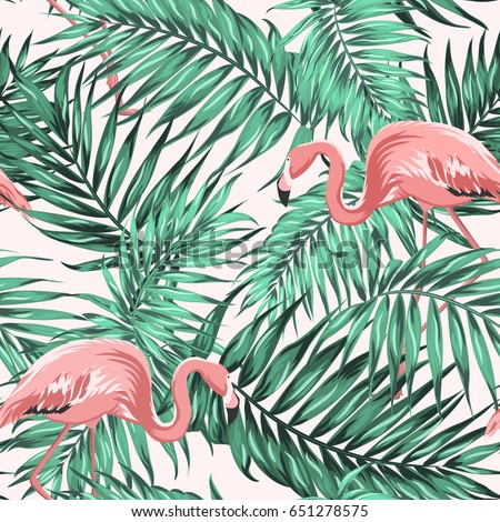 Bright green tropical jungle rainforest palm tree leaves. Pink exotic flamingo wading birds couple. Seamless pattern texture on light beige background. Vector design illustration.