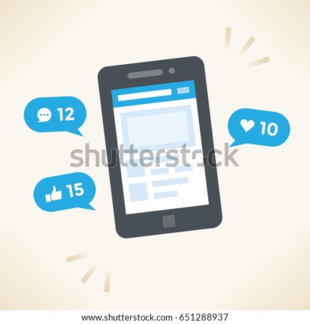 Social network notifications on mobile phone screen - new chat messages, new article likes and appreciations. Idea - Social networking.