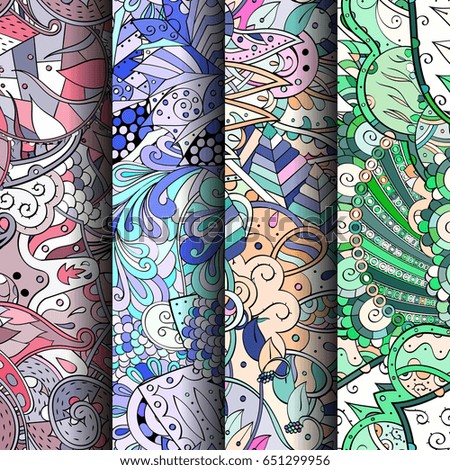 Set of tracery colorful seamless patterns. Vertical stripes. Curved doodling backgrounds for textile or printing with mehndi and ethnic motives. Vector