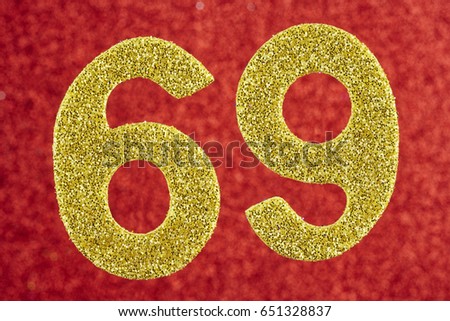 Number sixty-nine yellow color over a red background. Anniversary. Horizontal