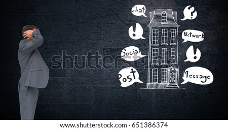 Digital composite of Digitally generated image of confused businessman looking at building by various symbols drawn on wa