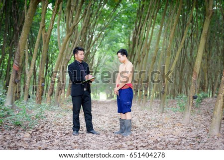 Businessmen are admiring vegetable gardeners for planting rubber trees.