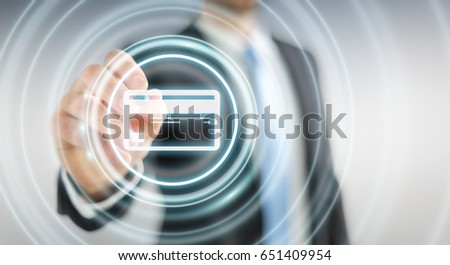 Businessman on blurred background using digital payment interface 3D rendering