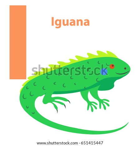 Alphabet for children I letter. Iguana cartoon icon isolated on white. Bright green reptile with prickly back and red eyes. Cheerful alphabet with funny cartoon animals. Vector illustration web banner.