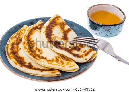 Fried american pancakes on white background. Studio Photo