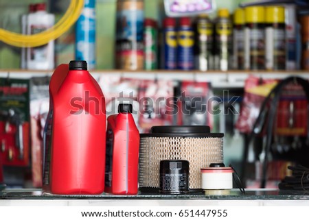Oil filter, Air Filter, Oil lubricant, Fuel Filter and Cabin or Air Conditioner Filter  in the auto parts shop. Royalty-Free Stock Photo #651447955