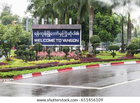 welcome to yangon sign word at Yangon international airport myanmar in raining day.