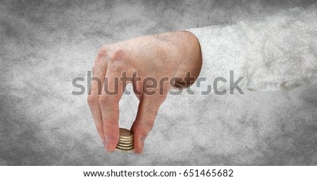 Digital composite of Hand with coins against white grunge background