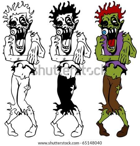 An image of a set of zombie creatures in color plus black and white.