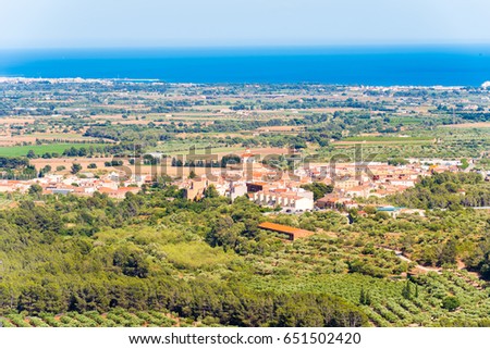 Landscape, view of old Spanish town and valley , Montbrio del Camp, Tarragona, Catalunya, Spain