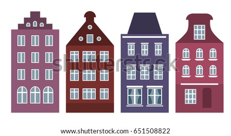 Set of Amsterdam style houses. Laser cut silhouette. Stylized facades of buildings in old European view. Wood carving vector template. Colorful row of typical dutch fashion. Urban landscape.