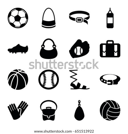 Leather icons set. set of 16 leather filled icons such as belt, sandals, bag, gloves, basketball, luggage, soccer trainers, baseball glove, baseball, volleyball, fotball