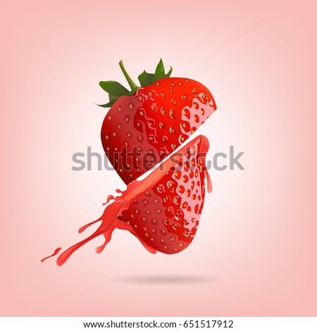 Strawberry half cut in splash on pink background, vector illustration. Royalty-Free Stock Photo #651517912