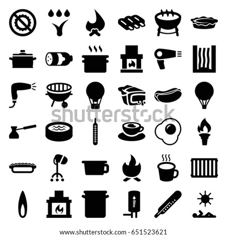 Hot icons set. set of 36 hot filled icons such as sausage, thermometer, hair dryer, hot dog, pie, no brightness, cup with heart, cup, bbq, jacuzzi, fireplace, pan, turk, egg