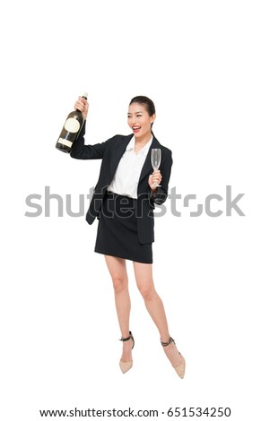 Business woman with wine isolated on white.