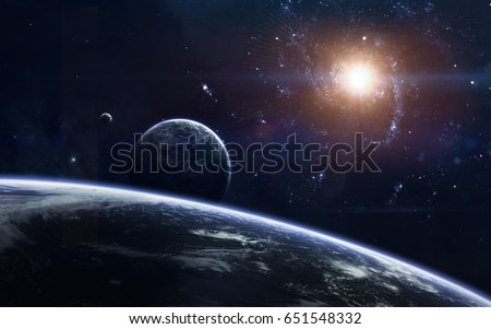 Science fiction space wallpaper, incredibly beautiful planets, galaxies, dark and cold beauty of endless universe. Elements of this image furnished by NASA Royalty-Free Stock Photo #651548332