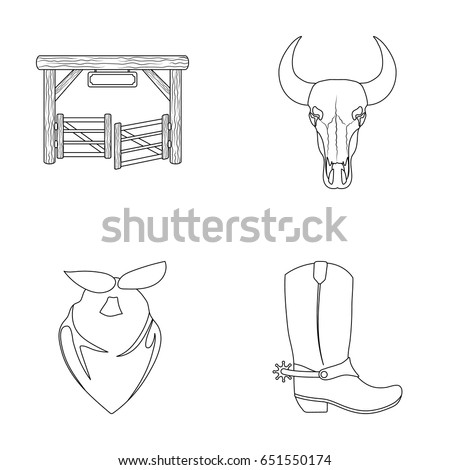 Gates, a bull's skull, a scarf around his neck, boots with spurs. Rodeo set collection icons in outline style vector symbol stock illustration web.
