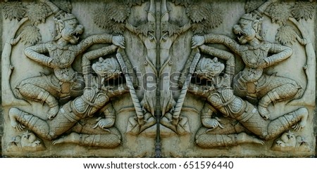 The ancient stucco wall telling a story of RAMAYANA is an ancient Indian epic poem which narrates the struggle of the divine prince RAMA to rescue his wife SITA from the demon king RAVANA