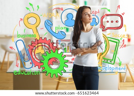 Attractive young woman standing in blurry interior with colorful business sketch. Communication and development concept. 3D Rendering