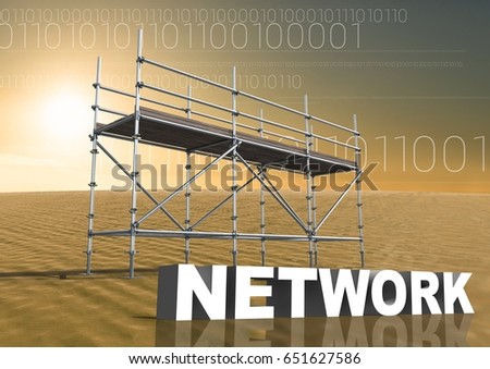 Digital composite of Network Text with 3D Scaffolding and technology interface landscape