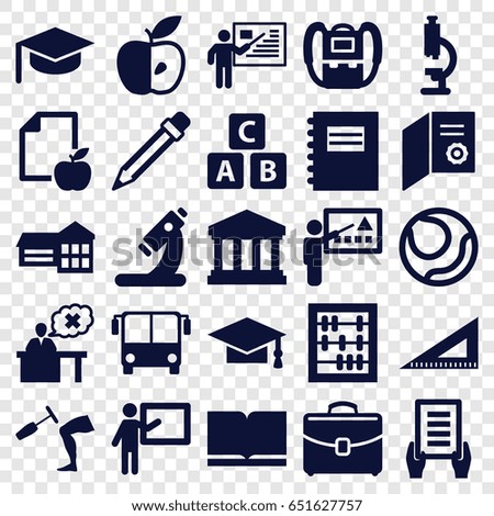 School icons set. set of 25 school filled icons such as airport bus, abc cube, backpack, graduation cap, holding document, ruler, paper and apple, apple, microscope, teacher