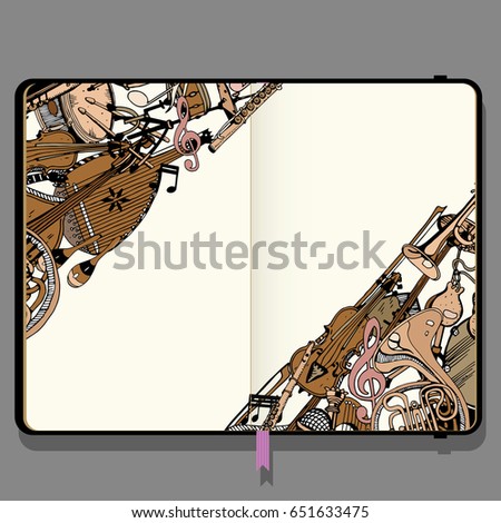 Vector Notepad with Shadows and Hand Drawn Doodles. Collection of Music Instruments. Music and Recreation Time Concept.