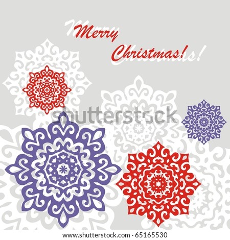 white, red and violet snowflakes on grey background. Vector illustration