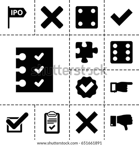 Choice icon. set of 13 filled choiceicons such as dice, pointing, puzzle, dislike, clipboard, checklist, tick, direction, cross