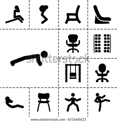 Sit icon. set of 13 filled siticons such as plane seats, baby seat in car, office chair, outdoor chair, abdoninal workout, chair, swing